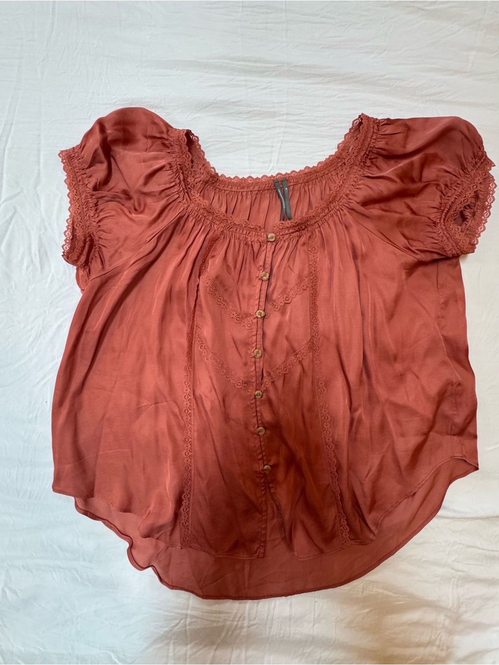 Anthropologie Rust-Orange Lace-Trim Silken Button Front Blouse
